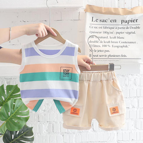 Color Wide Strip Round Neck Sleeveless Vest Suit